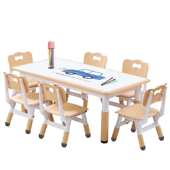 Kids Table and Chairs Set, Height Adjustable Desk With 6 Seats for Ages 3-12,Arts & Crafts Table,Graffiti Desktop, Children Multi-Activity Table for Classrooms,Daycares,Home