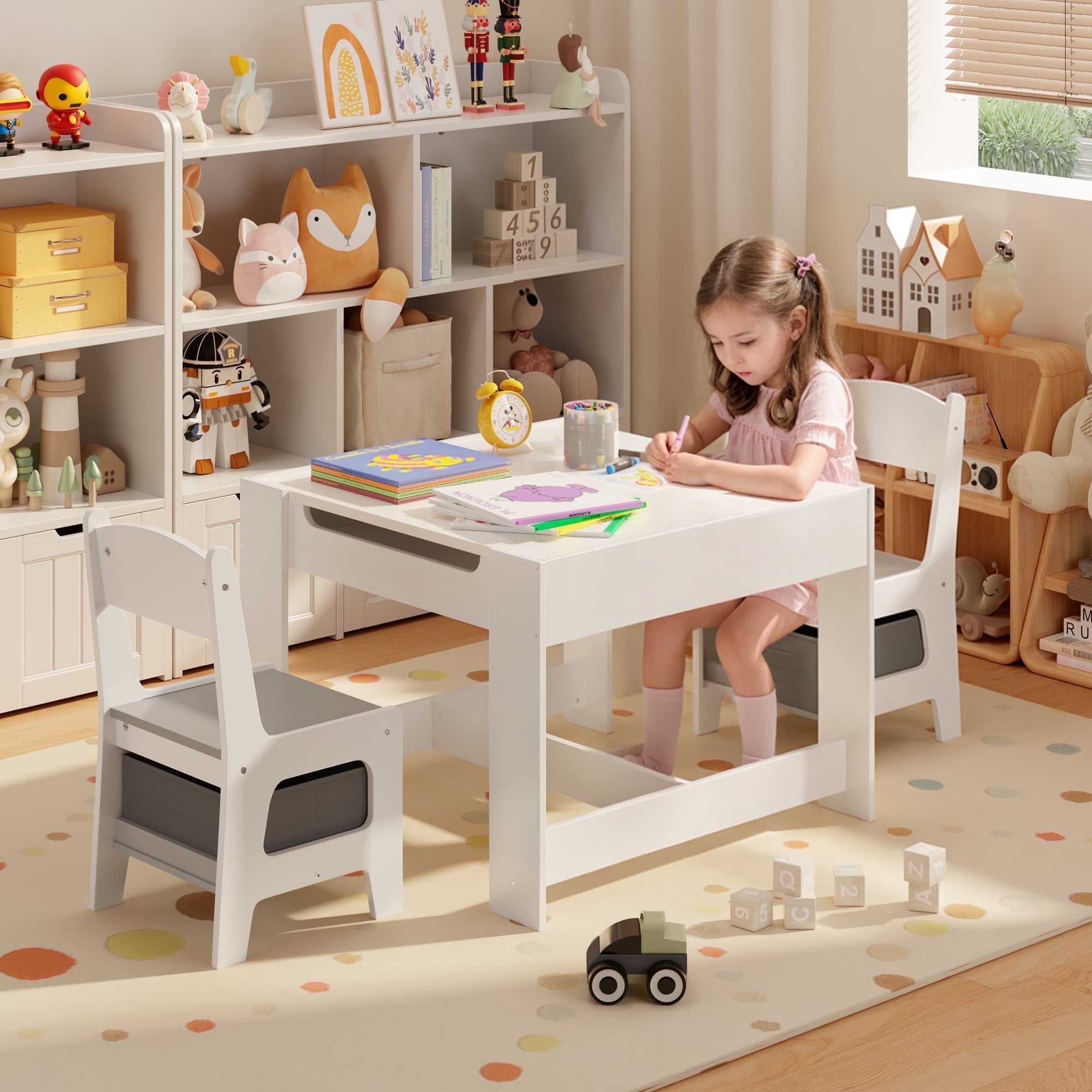 Kids Table and Chairs, Noelse Toddler Table with Storage, 3 in 1 Kids Craft Dinner Table Set for Eating, Drawing and Reading in Kids Playroom, White