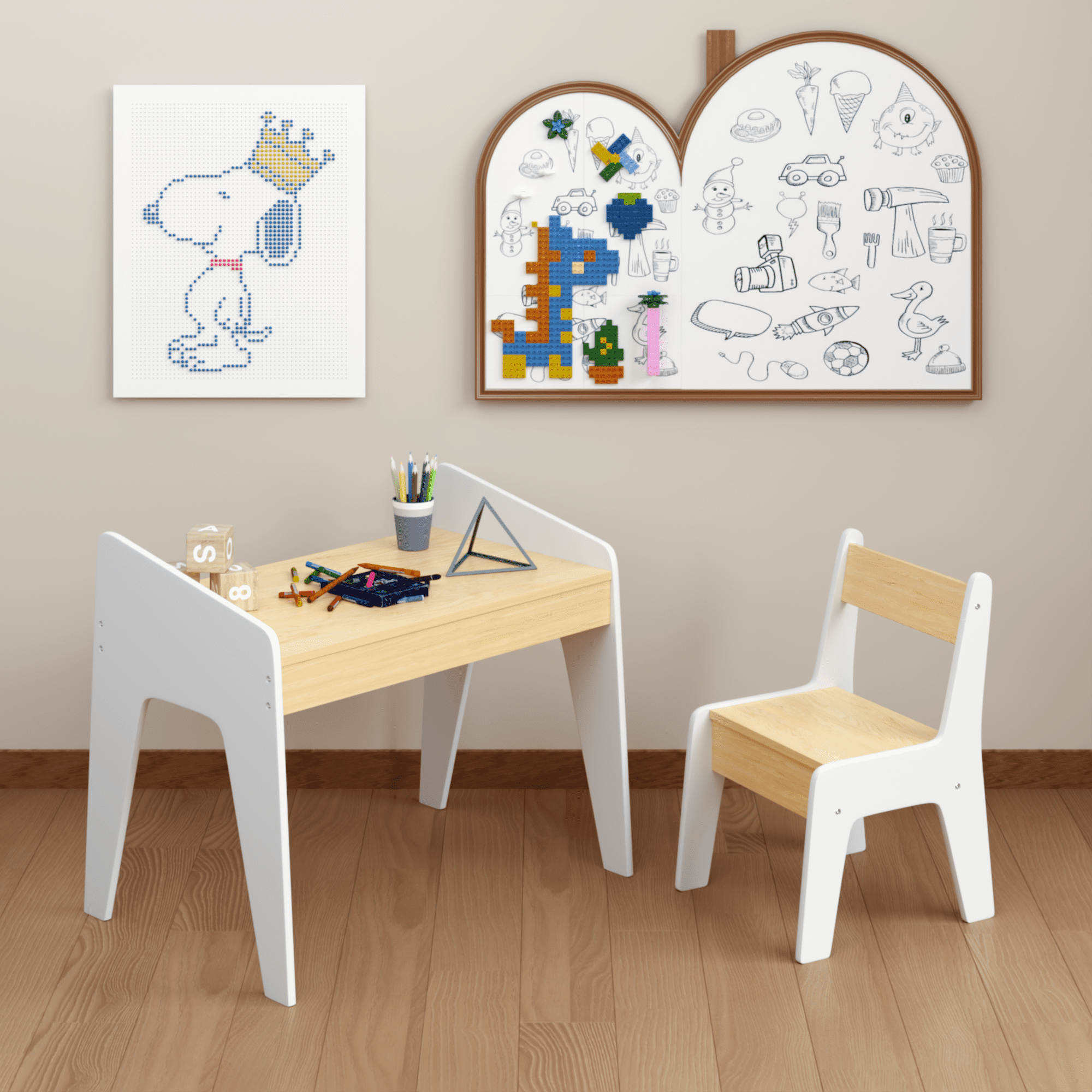 Kids Table Set with One Chair Wooden Children Study Table 2-8  Age Kids Funiture  White+Natural
