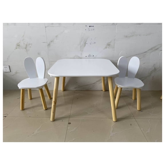 Kids Table and 2 Chairs Set, 3 Pieces Rabbit Themed Toddler Table and Chair Set, Children Wooden Activity Play Table Set Solid Wood Legs (White)