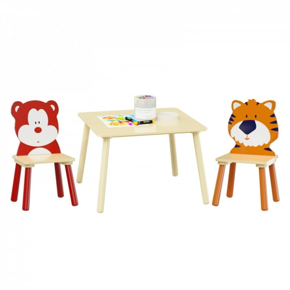 Kids Table and 2 Chairs Set, 3 Pieces Toddler Table and Chair Set, Wooden Activity Play Table Set (Bear&Tiger)