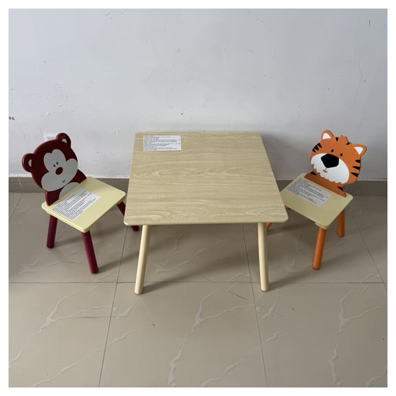 Kids Table and 2 Chairs Set, 3 Pieces Toddler Table and Chair Set, Wooden Activity Play Table Set (Bear&Tiger)
