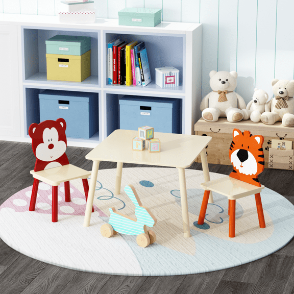 Kids Table and 2 Chairs Set, 3 Pieces Toddler Table and Chair Set, Wooden Activity Play Table Set