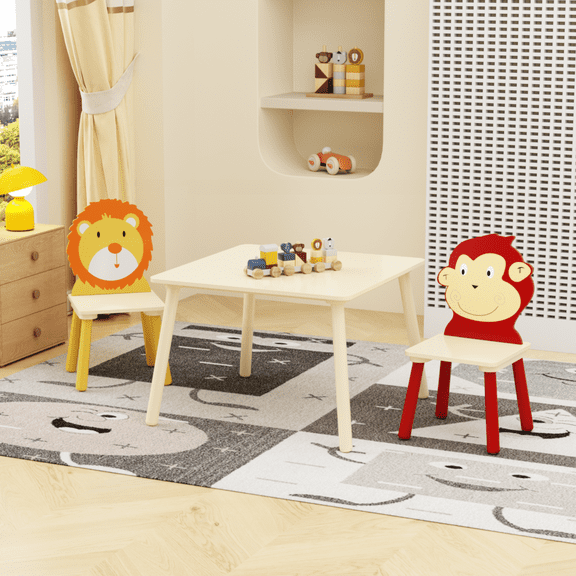 Holiway 3 Pieces Toddler Wooden Activity Play Table and Chair Set for Study, Drawing, Reading, Lion & Monkey