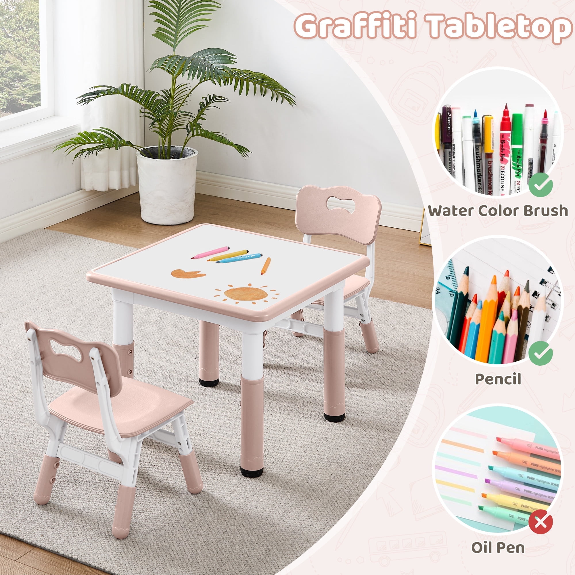 Kids Table and 2 Chairs Set, Height Adjustable Toddler Desk and Chair ...