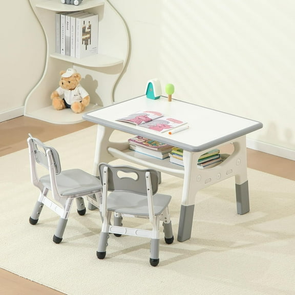 Kids Table and 2 Chairs Set, Large Built-in Storage, Adjustable Toddler Table and Chair Set, Graffiti Desktop Kids Activity Table