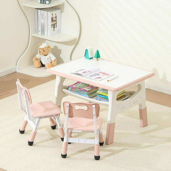 Kids Table and 2 Chairs Set, Large Built-in Storage, Adjustable Toddler Table and Chair Set, Graffiti Desktop Kids Activity Table