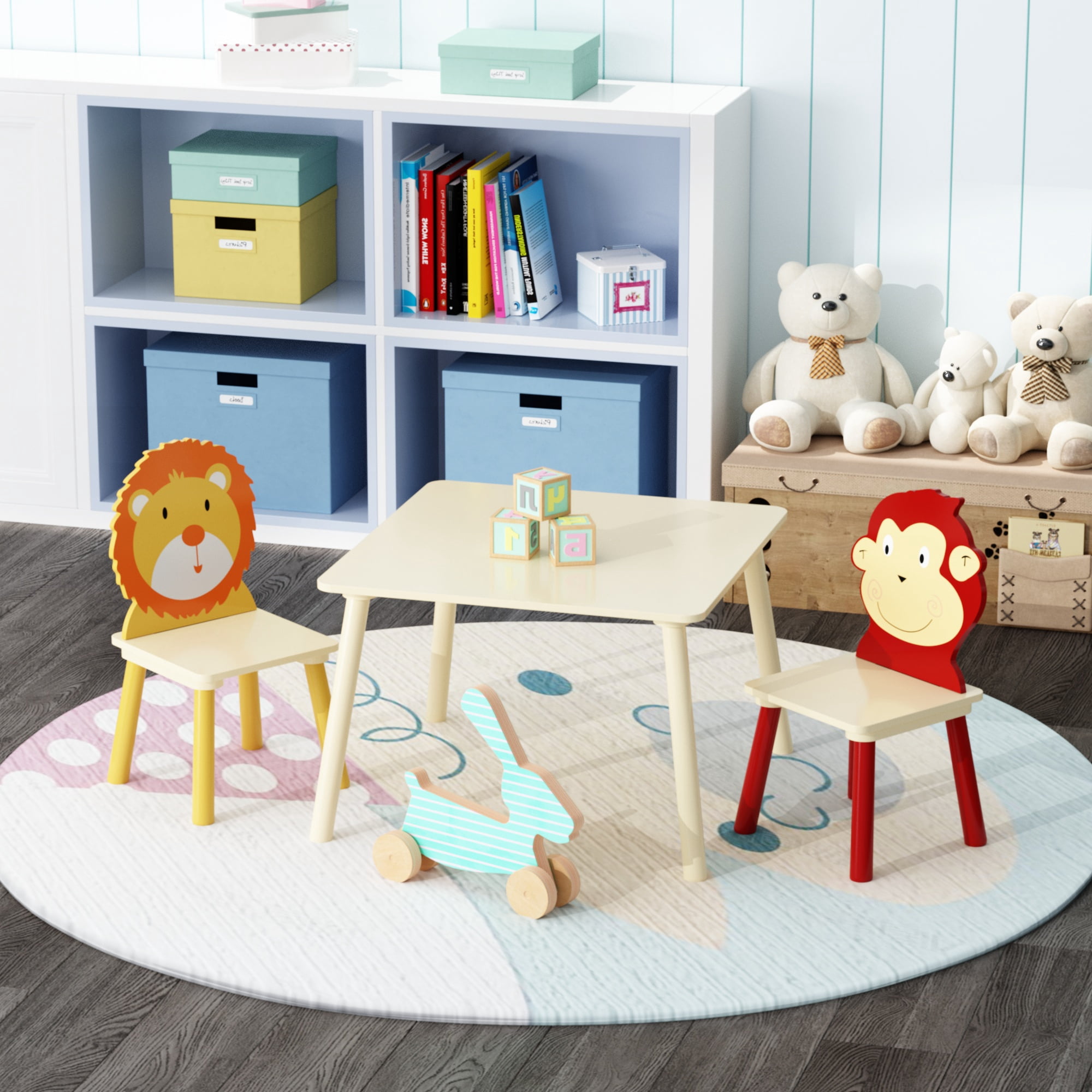 Kids Table and 2 Chairs Set with Animal Design, Wooden Toddler Activity Play Table and Chair Set for Playroom, Lion and Monkey Theme, Natural