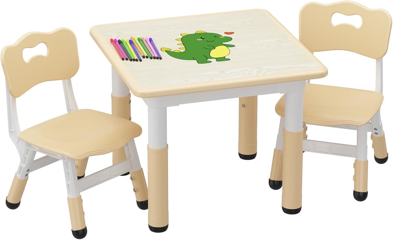 Kids Table and 2 Chairs Set with Graffiti Desktop, Height Adjustable Toddler Table and Chairs Set for Reading, Drawing, Playing, Eating