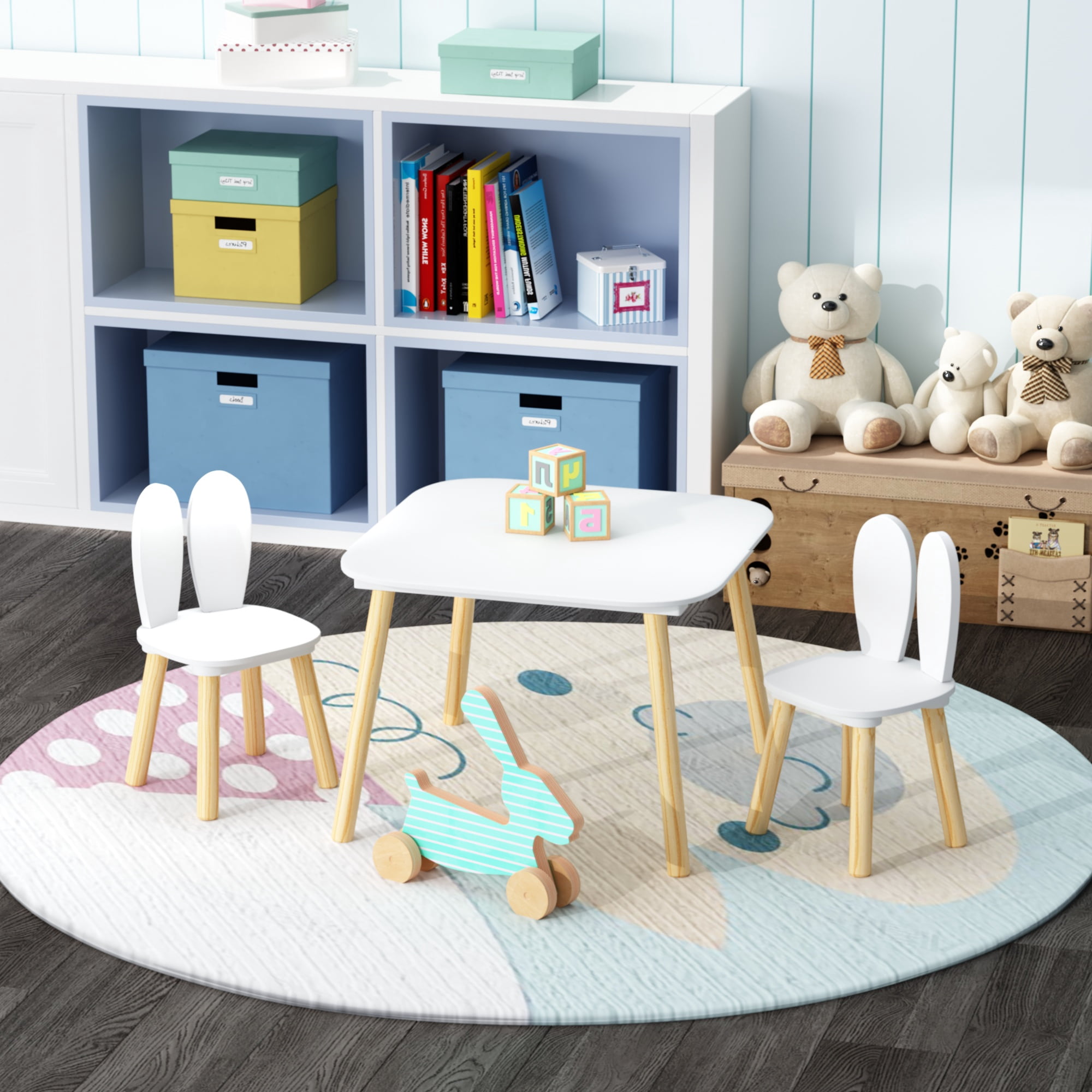 Kids Table and 2 Chairs Set with Rabbit Ear Design, Wooden Toddler Activity Play Table with Solid Wood Legs for Playroom, White