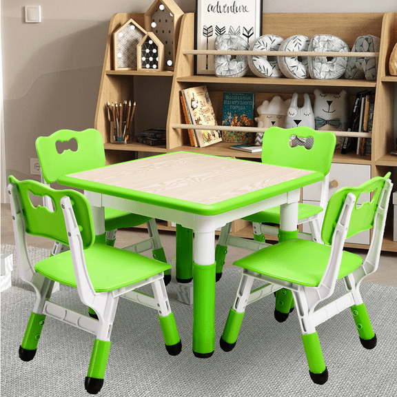 Kids Table and 4 Chairs Set, Height Adjustable Table with Storage Organizer, Non-Slip Legs, Max 300lbs, Multi-Function Tables