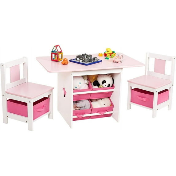 Kids Table and Chair Set (2 Chairs Included), Wooden Toddler Desk Group with 6 Storage Bins Boxes, Children's Furniture, Water Resistant (Pink)