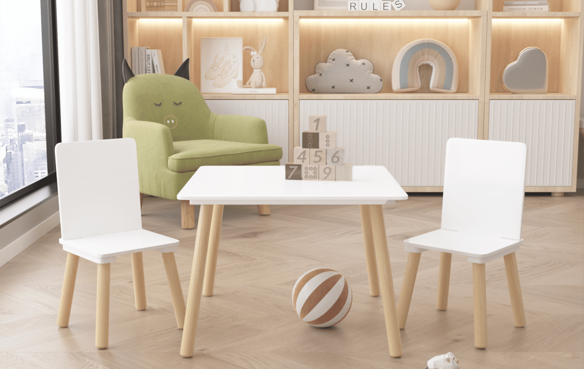 Kids Table and Chair Set (3-Piece) – Wooden Activity Play Table with 2 ...