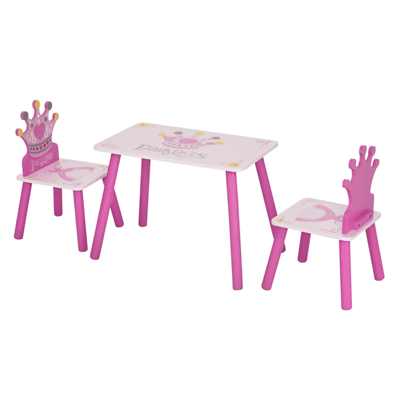 Kids Table and Chair Set 3 Piece, Wooden Toddler Furniture Pink Crown Design for Girls Ages 2-4, Arts Crafts Reading Writing