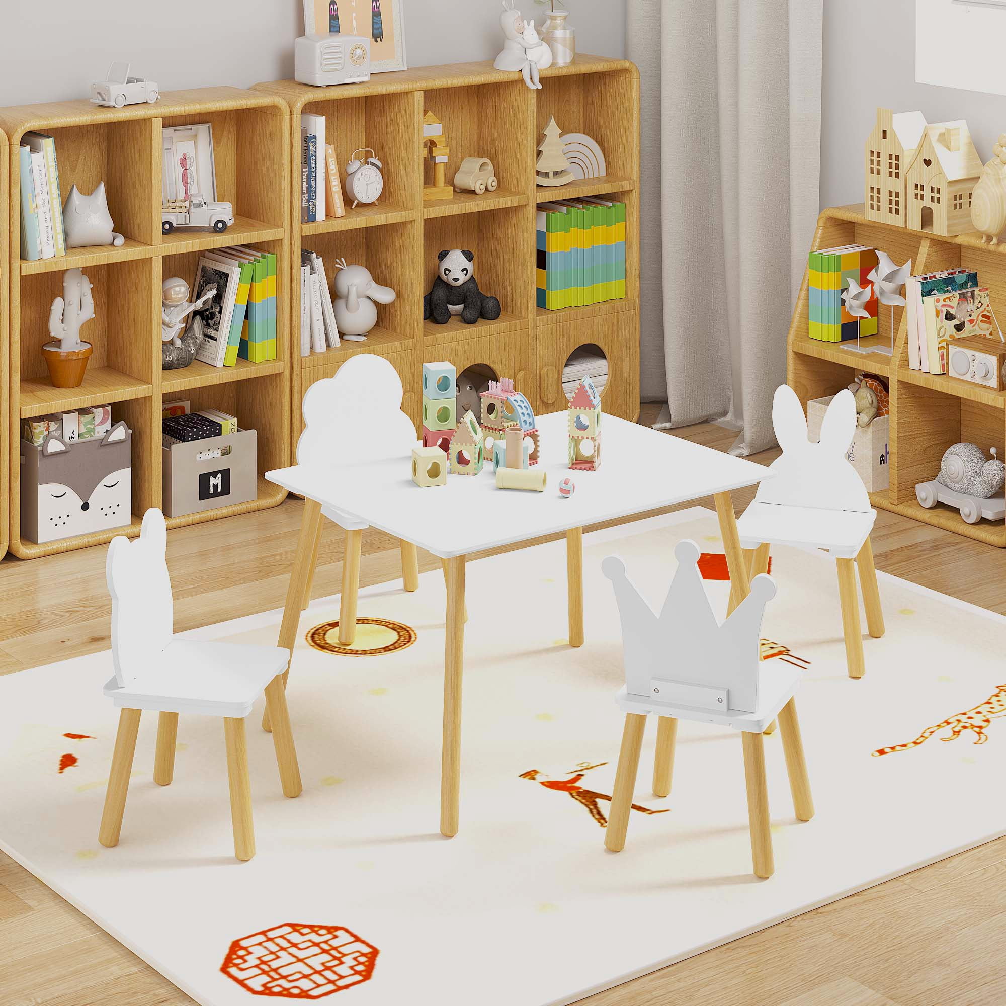 Kids Table and Chair Set 31.5 Inch, 5 Piece Wooden Activity Table and 4 Chairs for Toddlers Children, White