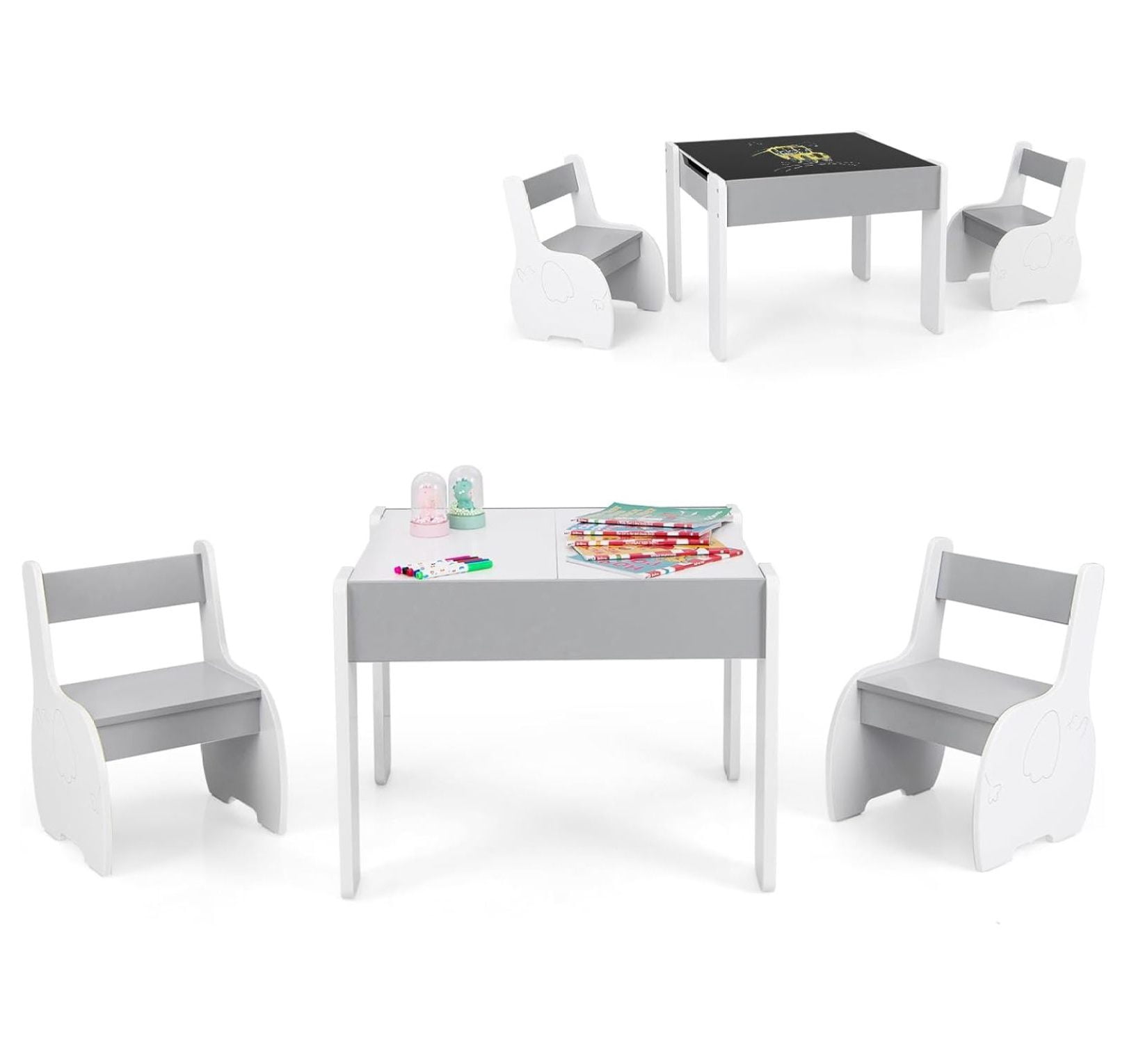Kids Table and Chair Set, 4-in-1 Wooden Activity Table with 2 Chairs, Reversible Blackboard, Toddler Furniture for Art, Storage, Ages 3-6
