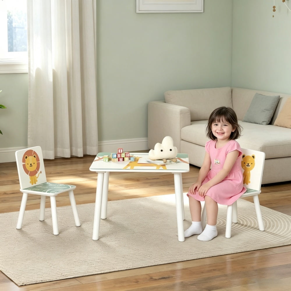 Kids Table and Chair Set, Green, MDF & Pine Material, 3-Piece (1 Table + 2 Chairs) for 3-8 Years Old Kids, Easy Assembly with Instruction Manual