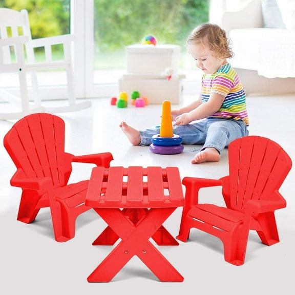 Kids Table and Chair Set, Outdoor Toddler Activity Table and Adirondack Chairs for Picnic, Garden, Patio, Backyard & Beach (Red)