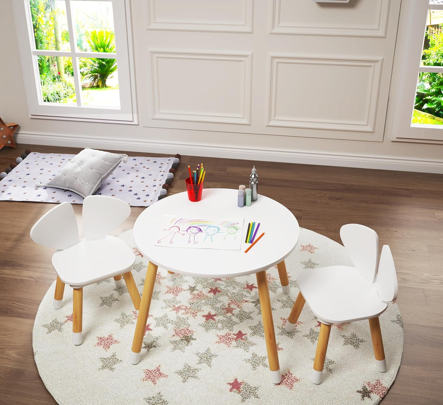 Kids Table and Chair Set, Toddler Table with Elephant Ear Chairs, 3 ...