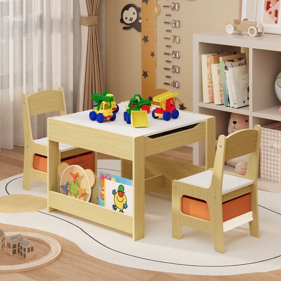 Kids Table and Chair Set, 4-in-1 Wooden Activity Table Chair with Bookshelves and Storage Drawer for Drawing Playing Studying Eating,Natural