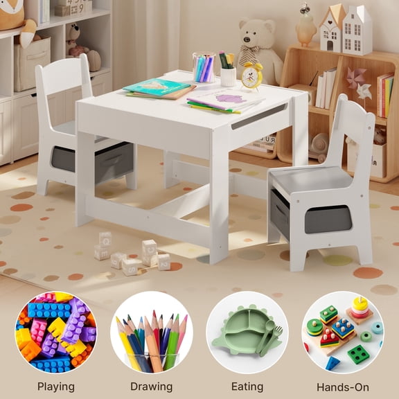 Lofka Kids Table and Chair Set, 3 Piece Wooden Table Set for Kids, Child Activity Desk w/Storage for Toddlers Drawing Reading and Eating in Playroom, Grey