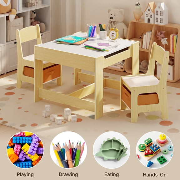 Lofka Kids Table and Chair Set, 3 Piece Wooden Table Set for Kids, Child Activity Desk  w/Storage for Toddlers Drawing Reading and Eating in Playroom, Natural