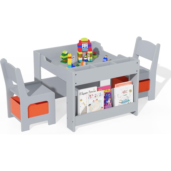 Kids Table and Chair Set with Detachable Tabletop, 4 in 1 Wooden Activity Table & 2 Chairs, with Storage Drawer, for Drawing, Reading, Crafts, Gray
