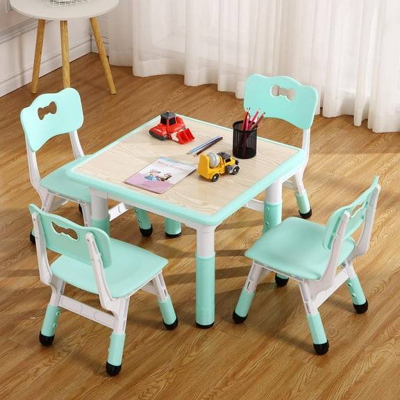 Kids Table and Chairs Set, Adjustable Height Toddler Table with 4 Chairs – Non-Slip, Foldable, Multifunctional Activity Desk for Ages 2-10