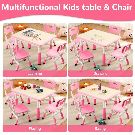 Kids Table and Chairs Set, Height Adjustable Desk with 4 Seats ,Arts & Crafts Table,Graffiti Desktop, Non-Slip Legs,for Ages 2-10