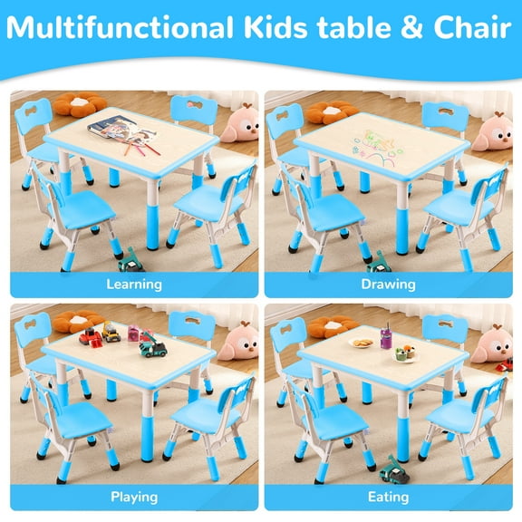Kids Table and Chairs Set, Height Adjustable Desk with 4 Seats ,Arts & Crafts Table,Graffiti Desktop, Non-Slip Legs,for Ages 2-10