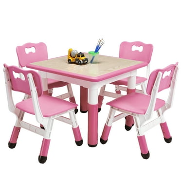Kids Table and Chairs Set, Height Adjustable Desk with 4 Seats for Ages 2-10
