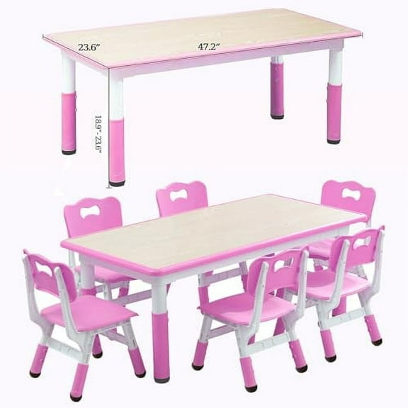 Kids Table and Chairs Set, Height Adjustable Desk with 6 Seats for Ages 2-10,Arts & Crafts Table,Graffiti Desktop, Non-Slip Legs, Max 300lbs