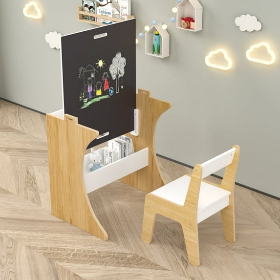 Kids Table and Chairs Set, Multifunctional Wooden Children Study Activity Table, Convertible Tabletop for Study, Drawing, Play
