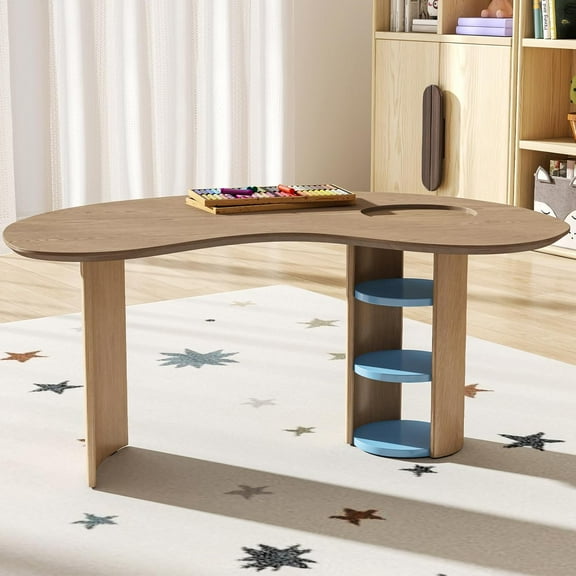 Kids Table with Storage, Kidney Desk, Half Moon Family Activity Table, Children Desk, Horseshoe Table for Bedroom, Kids Room & Play Area, Blue
