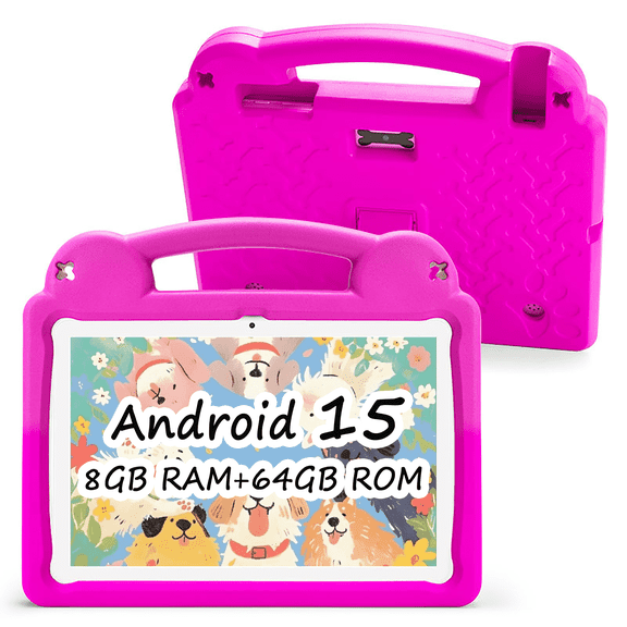 Kids Tablet 10.1 inch, Android 15 Tablet for Kids, 8GB,64GB,1TB Expandable, Octa-Core, WiFi 6, HD IPS Display, Tablet Kids APP Preinstalled, Pink