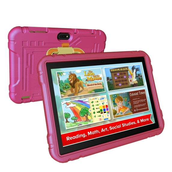 Kids Tablet 10.1 inch Android 13 EVA Case 4GB 64GB 8-Core CPU, WiFi 6, 12H Battery Life, Parental Control Dual Cameras, Pre-Installed Educational Apps Age 3-12 - Pink