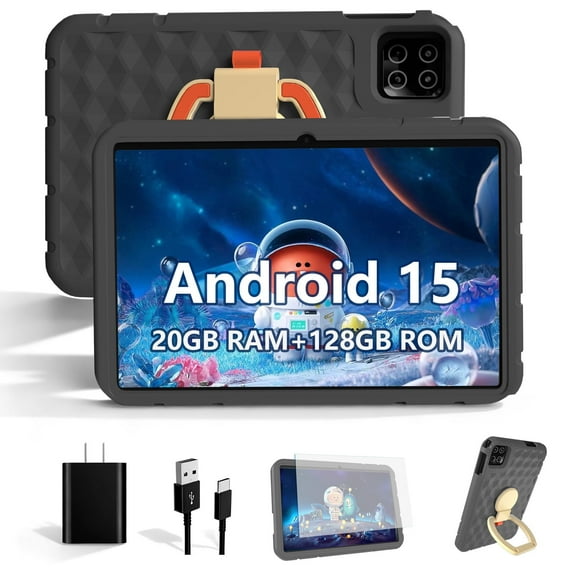 Kids Tablet 10.1 inch Android 15 Octa-Core Tablets with Drop-proof Case, 20GB ROM 128GB, 1TB TF Card Expandable, Parental Control, WiFi 6 and Bluetooth, Black