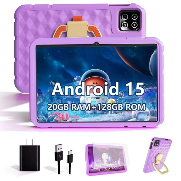 Kids Tablet 10.1 inch Android 15 Octa-Core Tablets with Drop-proof Case, 20GB ROM 128GB, 1TB TF Card Expandable, Parental Control, WiFi 6 and Bluetooth, Purple