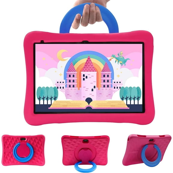 Kids Tablet 10 inch, Android Tablet for kids, IPS HD Display 1280 X 800, 2GB+32GB ROM, Games, Wi-Fi, Parental Control, Dual Cameras, Tablet Silicone Case, Gift for girlsPink)