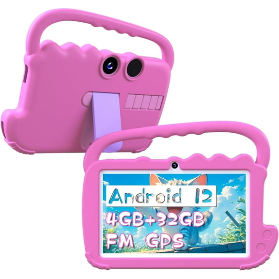 Kids Tablet 7 inch, Android 12 Tablet for Kids, 4GB RAM 32GB ROM Toddler Tablet, 1.5Ghz Quad-core processor, 1024*600 IPS Screen, Parental Control, Dual Camera Shockproof Case for Educational, Games