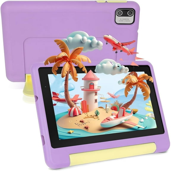 Kids Tablet 7 inch, Android 13 Tablet for Kids, 8GB RAM+64GB ROM (Expand to 128GB), Parental Control, Kids Software Pre-Installed, Dual Camera, Android Learning Tablet with Proof Case (Purple)