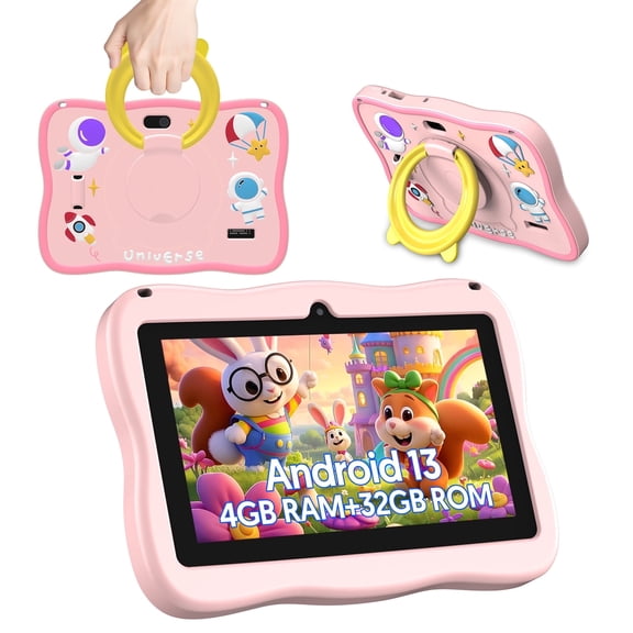 Kids Tablet, 7 inch Android 13 Tablet, Quad Core CPU, 4GB(2G+2G)RAM+32GB ROM, 1024 x 600 IPS, WiFi, Bluetooth, Pink
