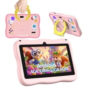 Kids Tablet, 7 inch Android 13 Tablet, Quad Core CPU, 4GB2G+2GRAM+32GB ROM, 1024 x 600 IPS, WiFi, Bluetooth, Pink