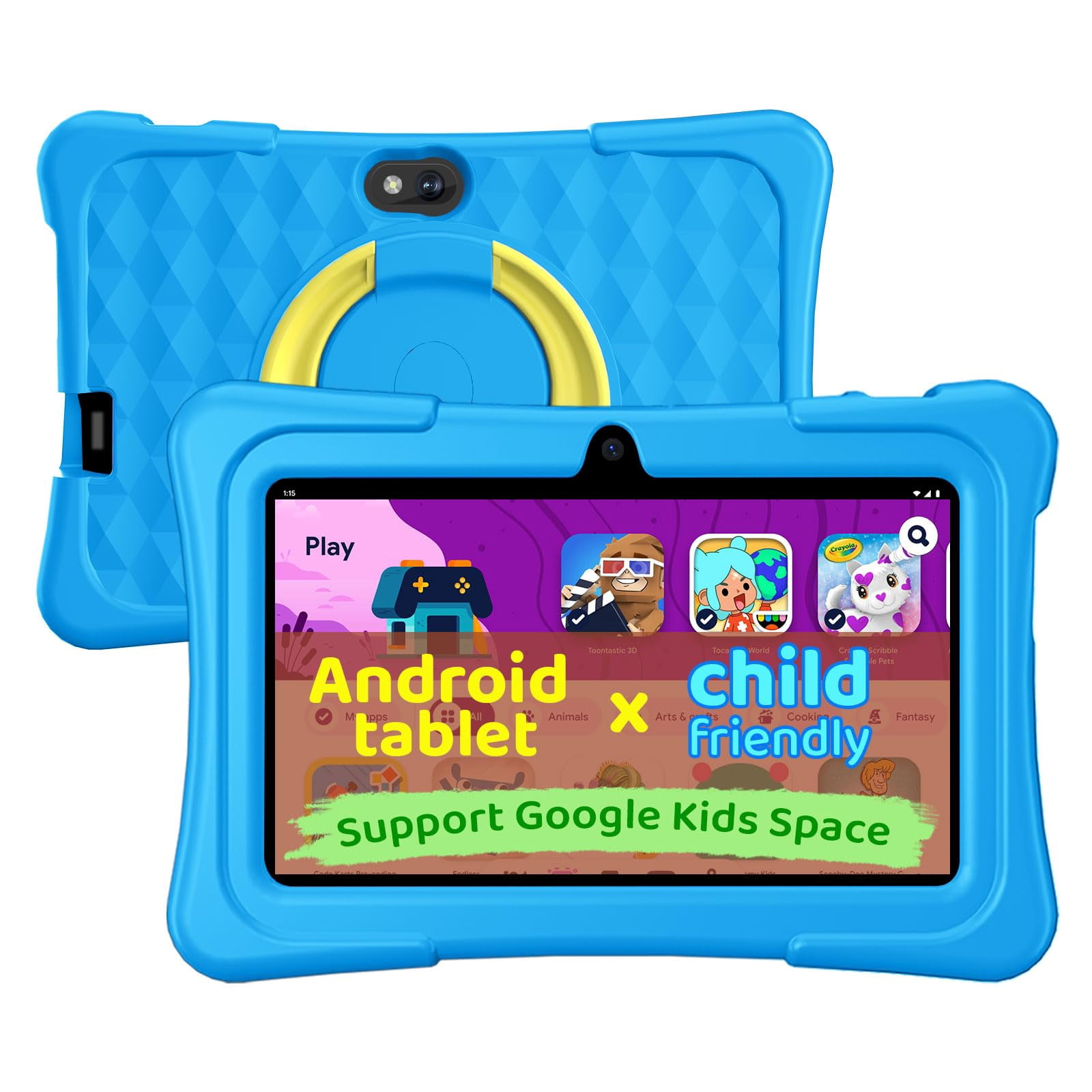 Kids Tablet, 7 inch Android 15 Tablet for Kids, 8GB+32GB 1TB Expand, Quad-Core Toddler Tablets with Shockproof Case, BT5.0, WiFi 5, Parental Control, Games, Dual Camera