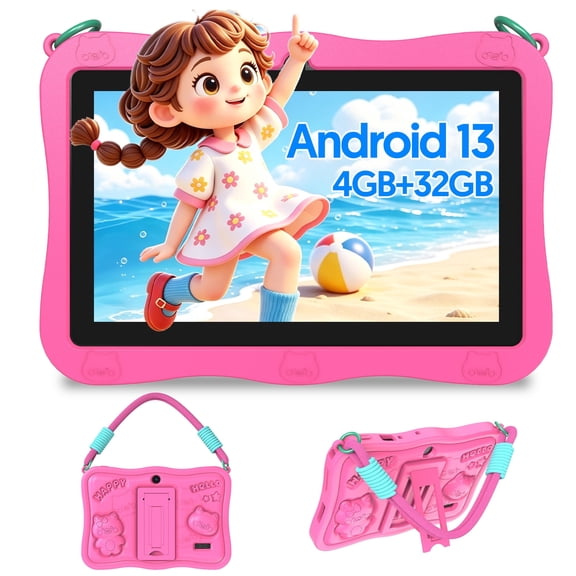 FITIFUN Kids Tablet 7 inch Android 13 Tablets,4(2+2)GB RAM 32GB ROM,Quad-Core,HD IPS Display, Wifi, Parental Control, Dual Camera-Pink