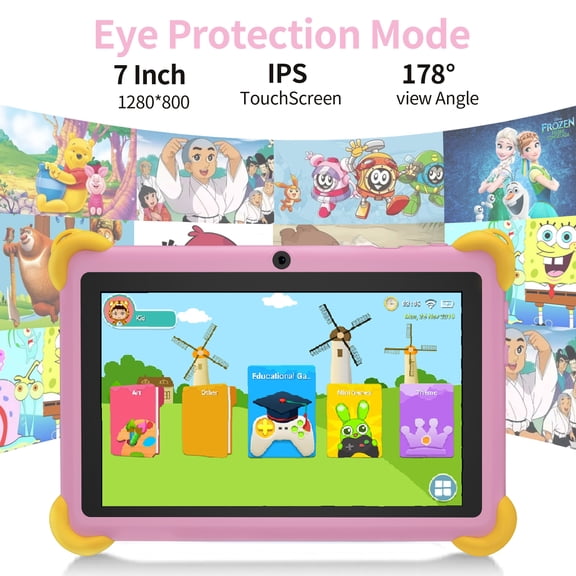 Kids Tablet 7 inch pink,Android 12 Children's learning machine,3GB RAM 64GB ROM,128GB Expansion,HD Display,Wifi, Children Tablet with Parent Control