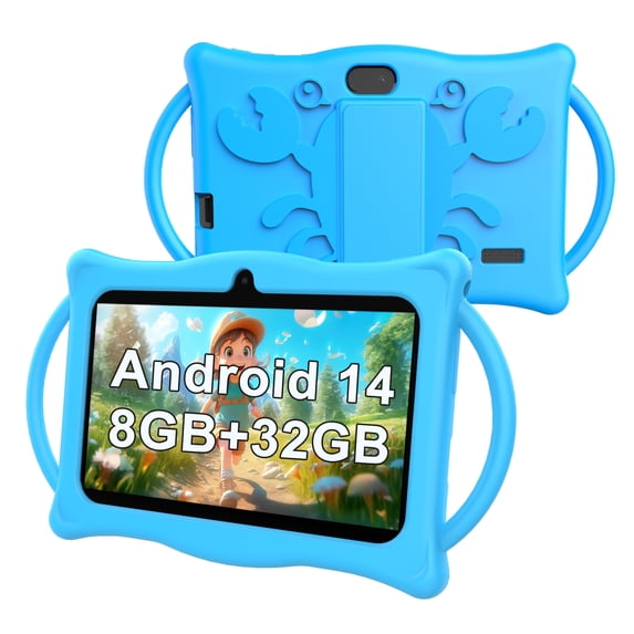 Kids Tablet 7Inches Android 14.0 with Case,RAM 8GB(4+4Expand)+32GB ROM, 1024*600 IPS Screen, Bluetooth 5.0,Front 2.0MP+ Back 2.0MP Dual Cameras,3000mAh Battery,Blue
