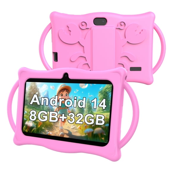 Kids Tablet 7Inches Android 14.0 with Case,RAM 8GB(4+4Expand)+32GB ROM, 1024*600 IPS Screen, Bluetooth 5.0,Front 2.0MP+ Back 2.0MP Dual Cameras,3000mAh Battery,Pink