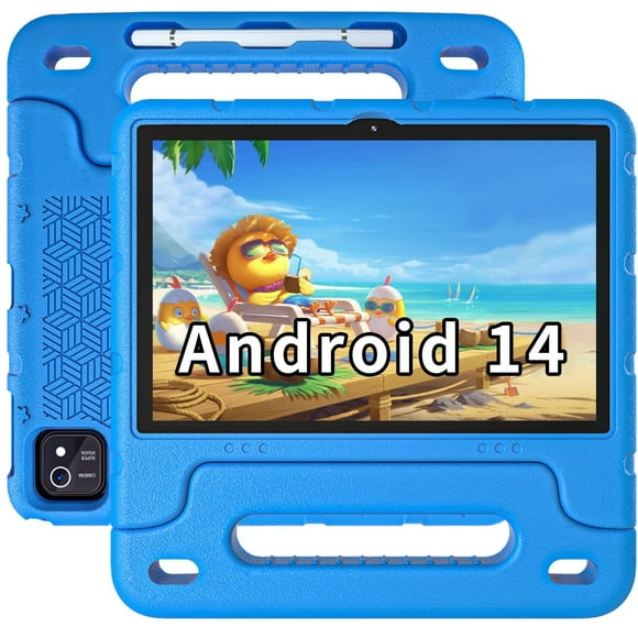 Kids Tablet Android 14 Tablet 10 inch Kids Tablets with Case Quad Core 64GB Dual Camera Parental Controls 2.4G WiFi Educational Tablets(Blue)
