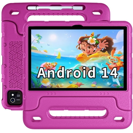 Kids Tablet Android 14 Tablet 10 inch Kids Tablets with Case Quad Core 64GB Dual Camera Parental Controls 2.4G WiFi Educational Tablets (Pink)
